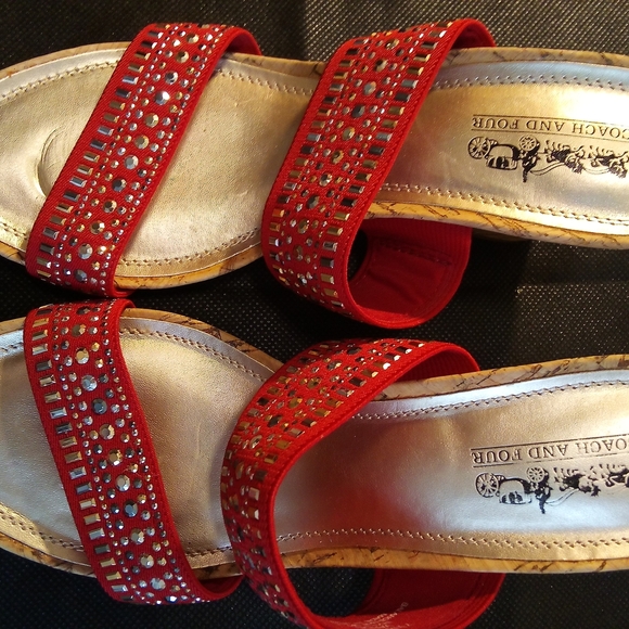 Coach And Four -NWT Cork Wedge Sandals, Two Red Fabric Straps Accented With Gold - Picture 2 of 10